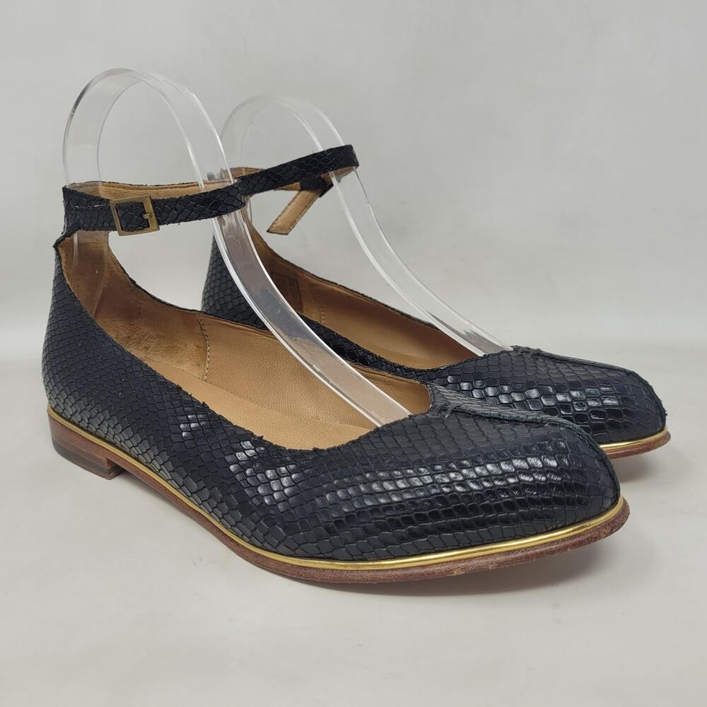 John Fluevog Shoes 6.5 Black Leather Ankle Strap Ballet Flats Snakeskin Jen